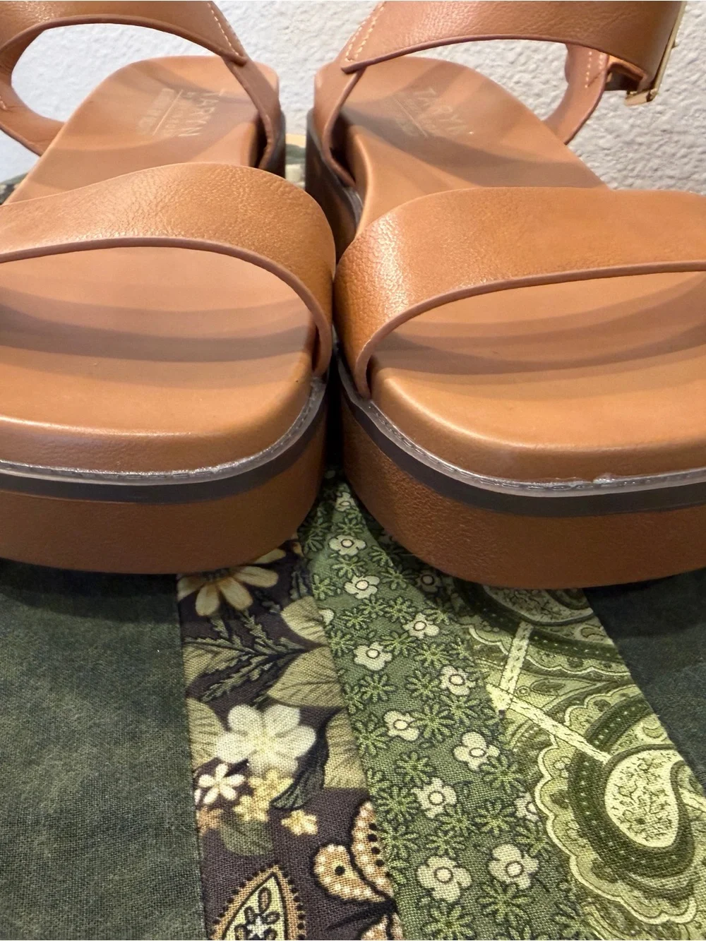 Taryn Rose Cognac Leather Two-Strap Ankle Platform Sandals